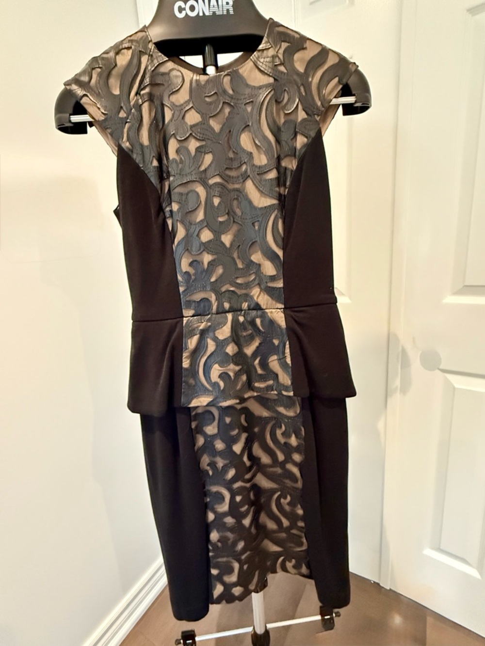 Muse 2 in 1 Black and Taupe Faux Leather -Overlay Peplum Midi Dress